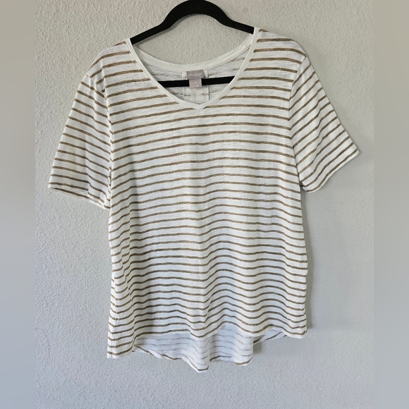 Chico’s Tee Shirt Cotton Blend  Striped Short Sleeve Sz L White Gold Athleisure - Picture 3 of 9